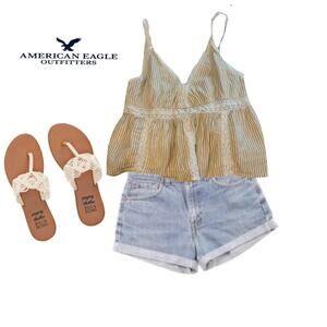 American Eagle Tan & White Striped Tank Sz. L
